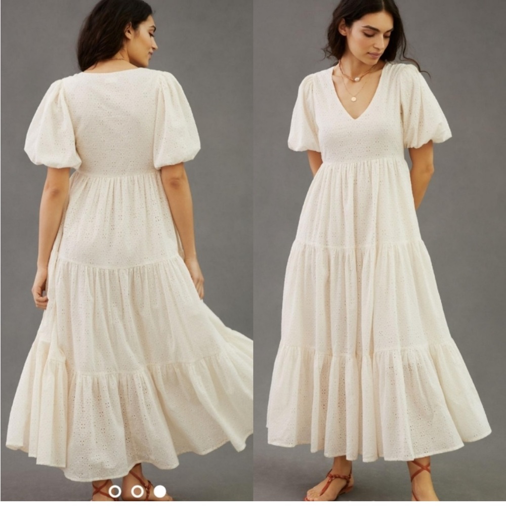 MOTHER NWT Eyelet Tiered V-Neck Maxi Dress Ivory White New Anthropologie M